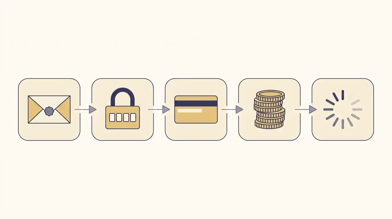 Diagramma del flusso utente in cinque passaggi da apertura conto a primo deposito su un casino non ADM